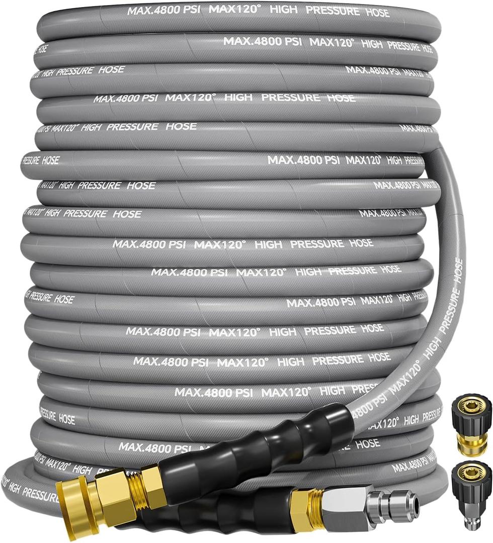 3/8" 4800PSI Pressure Washer Hose 100FT with Swivel Quick Connect for Cold/Hot Water Max 248F, Kink Resistant Steel Wire Braided, Wear Resistant Power Washer Hose with M22 14mm Adapter (Gray)