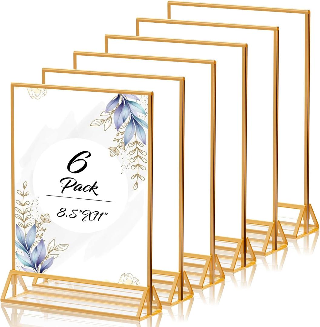 Acrylic Sign Holder 8.5"X11" Gold Picture Frame Double Sided Acrylic Frame Plastic Sign Holder Display Stand for Wedding Table Numbers Menu Holder (6 Pack)