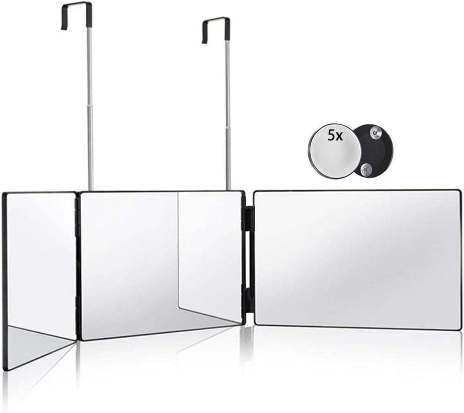 HIEEY 3 Way Mirror for Hair Cutting,360 Trifold Mirror with Height Adjustable Telescoping Hooks,and 5X Magnification,for Makeup, Hair Styling