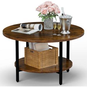 FAMIDGE Round Coffee Table, 27.6" Circle Coffee Table for Living Room, 2-Tier Wood Accent Center Table with Open Storage Industrial Design Home Furniture, Rustic Brown