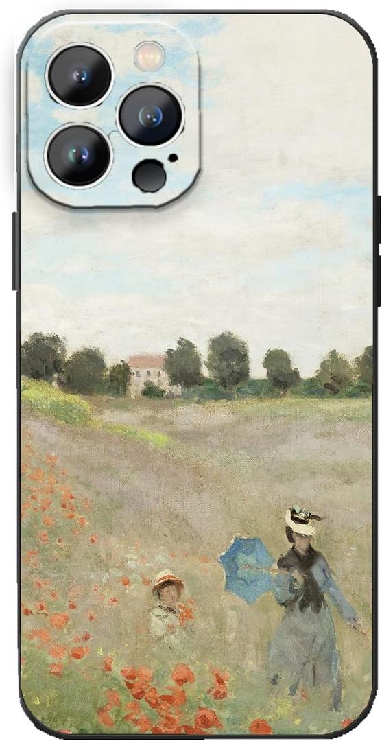for iPhone 13 Pro Phone Case, Poppy Field Flower Design Pattern Slim Soft Protective Cover Fine Art Monet Case for Women