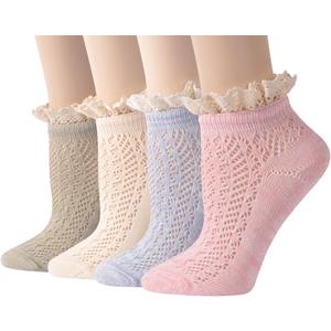 Funcat Lace Short Socks, Ladies Women Big Girl Gift Elastic Sheer Knitting Patterned Lolita Ankle Hosiery Socks 4 Pairs