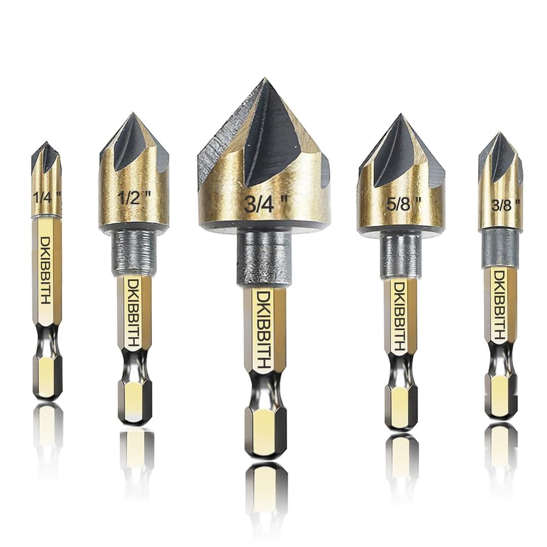Countersink Drill Bit Set, 5pc, 1/4" Hex Shank, 82 Degree Countersink Holes for Screws to Sit Flush or Under The Surface of Metal Wood Plastic, Sizes 1/4, 3/8, 1/2, 5/8, 3/4 Inches with Storage Case