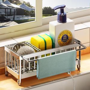 Sponge Holder for Kitchen Sink, Kitchen Sink Caddy, Dish Sponge Organizer with Divider, Dish Soap Dispenser Brush Holder Storage (1-Tier (Rod), Silver)