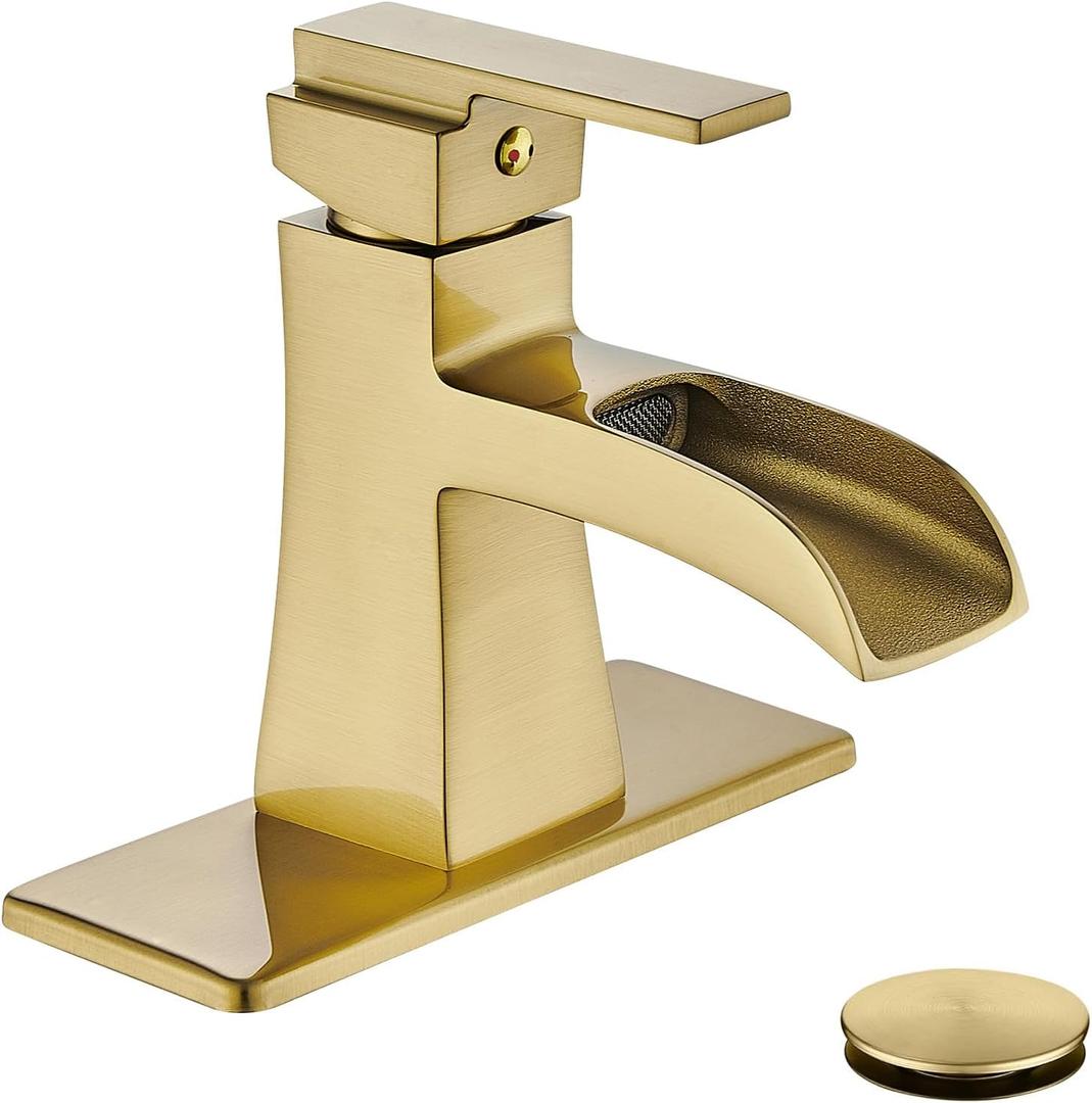 Brushed Gold Bathroom Sink Faucet, Sanliv Single Hole Waterfall Bathroom Faucet for 1 or 3-Hole Sinks (4 Inch Centerset) One Handle Vanity Faucets with Pop Up Drain, Champagne Bronze