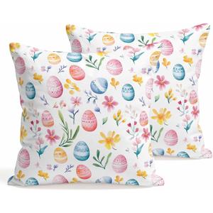 Easter Decorative Throw Pillow Covers 18x18 Set of 2 Colorful Eggs Spring Square Pillow Covers for Couch Floral Leaves Cushion Cases for Living Room Bedroom Bed Car Chair