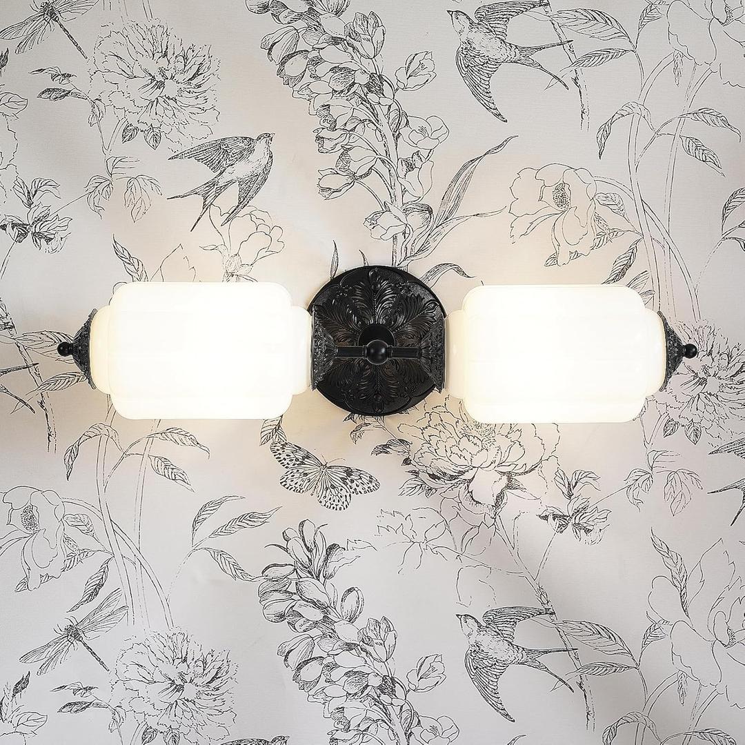 Vintage Milk Glass Bathroom Vanity Light - 2-Light Wall Sconce with Brass Finish Base & Green Glass Shade - Wall Sconce Lighting for Mirror, Kitchen, Living Room, Gallery (Bulbs Included) (white)