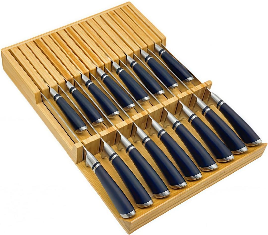 Bamboo Knife Drawer Storage Organizer Insert | 17-Slot Kitchen Knife Block with Anti-Slip Design| Space-Saving Kitchen Storage (16.6"x11.6"x2.1")