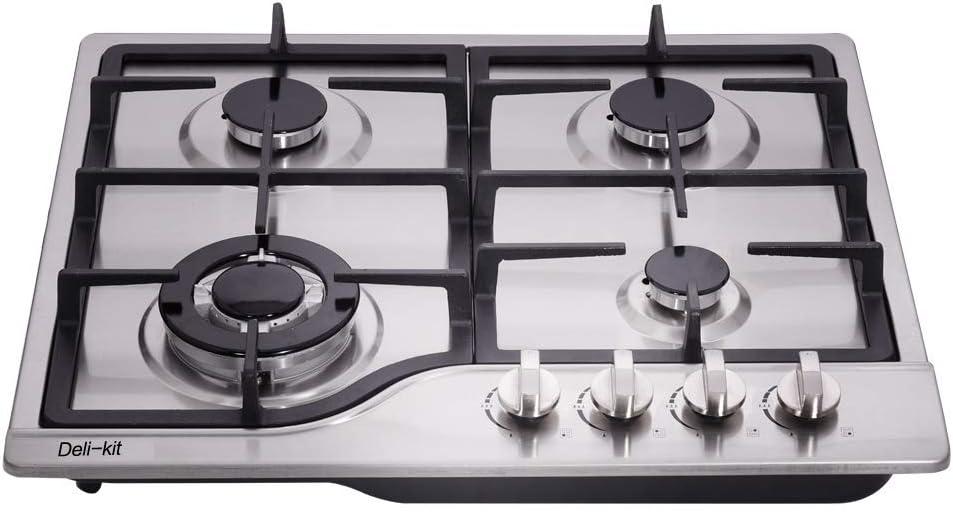 Deli-kit 24 inch LPG/NG Gas Cooktop Dual Fuel Sealed 4 Burners Stainless Steel Gas Cooktop 4 Burners Drop-In Gas Hob DK245-A02 Gas Cooker, 600*510*100