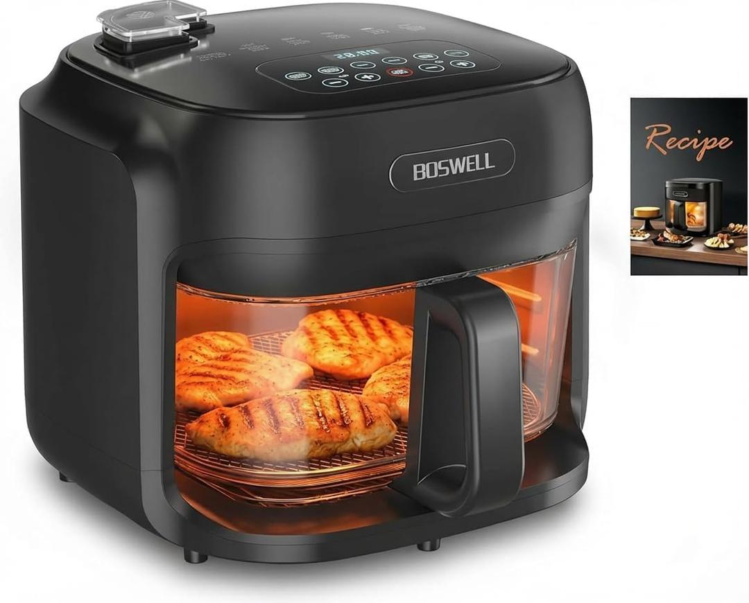 Boswell Glass Air Fryer 7.5QT, Transparent Glass Bowl, Black | Clear Glass Bowl Air Fryer, Hot Air Circulation, Digital Touch Panel, Roast Bake for Fries, Chicken More Recipes