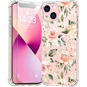 bicol for iPhone 13 Case with Screen Protector,Enhanced Camera Protection,Clear TPU Cover with Trendy Designs for Girls Women,Slim Fit Protective Phone Case,Champagne Flowers