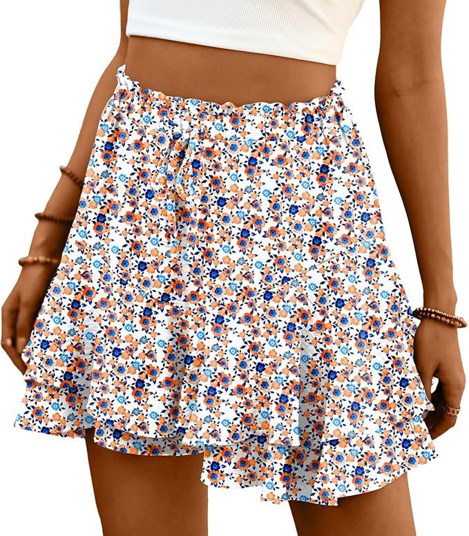 Lepunuo Flowy Shorts for Women Boho Ruffle Tiered Skorts Summer Skorts | High Waist Casual Shorts,Floral Skort,Double-Layer, Mini Skirt S