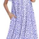 Ekouaer Nightgowns for Women Short Sleeve House Dress with Pockets Soft Moomoo Pleated Mumu Dresses V Neck Sleepwear (Medium, Purple Floral)
