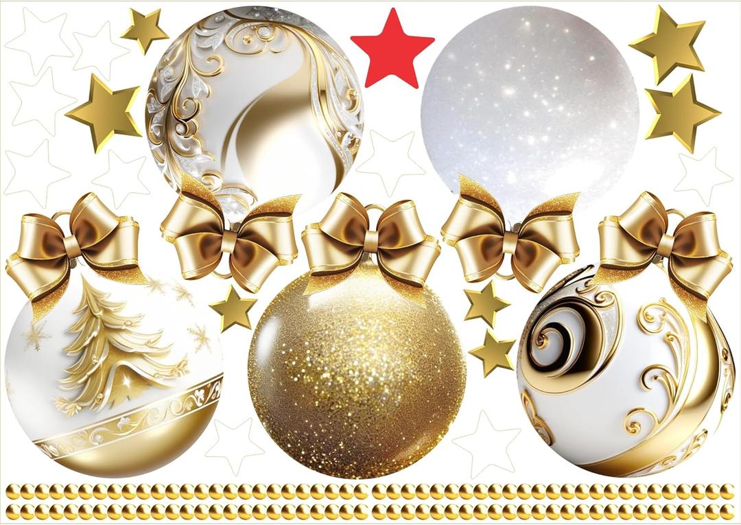 Christmas Bauble Stars Window Decals Stickers for Glass, Large Xmas Designs Home Decorations Holiday Bling, DIY Mural Showcase for Office Business, Gold Glitter White Vinyl Decorations