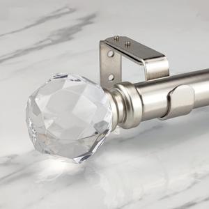 Luxury Silver Decorative Single Curtain Rod Set with Crystal-clear Faceted Finials, 36-72 in, Standard Single Drapery Rod for 1 Pack, 1-1/8 in diameter, Adjustable Length