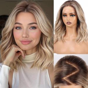 HAIRCUBE 13x6 HD Lace Front Wig for Women, 16-Inch Heat Resistant Synthetic Wavy Hair, Shoulder Length Glueless Lace Wigs for Daily, Party&Date (Ombre Ash Blonde)