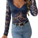 SweatyRocks Women's Sheer Floral Lace V Neck Bodysuit Long Sleeve Slim Fit Jumpsuits (M)