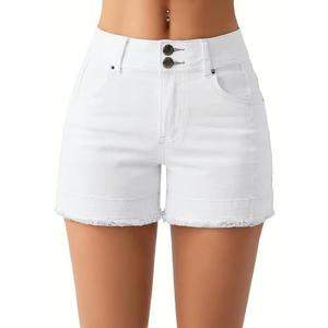 roswear Women's High Waisted Stretchy Frayed Hem Summer Denim Jean Shorts Large, White 