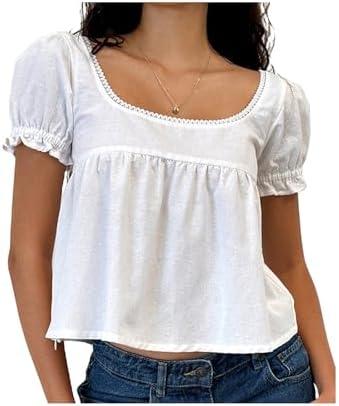 Women Y2k Puff Short Sleeve Top Backless Ruffle Hem Square Neck Fitted Crop Blouse Pleated Solid T Shirt, S