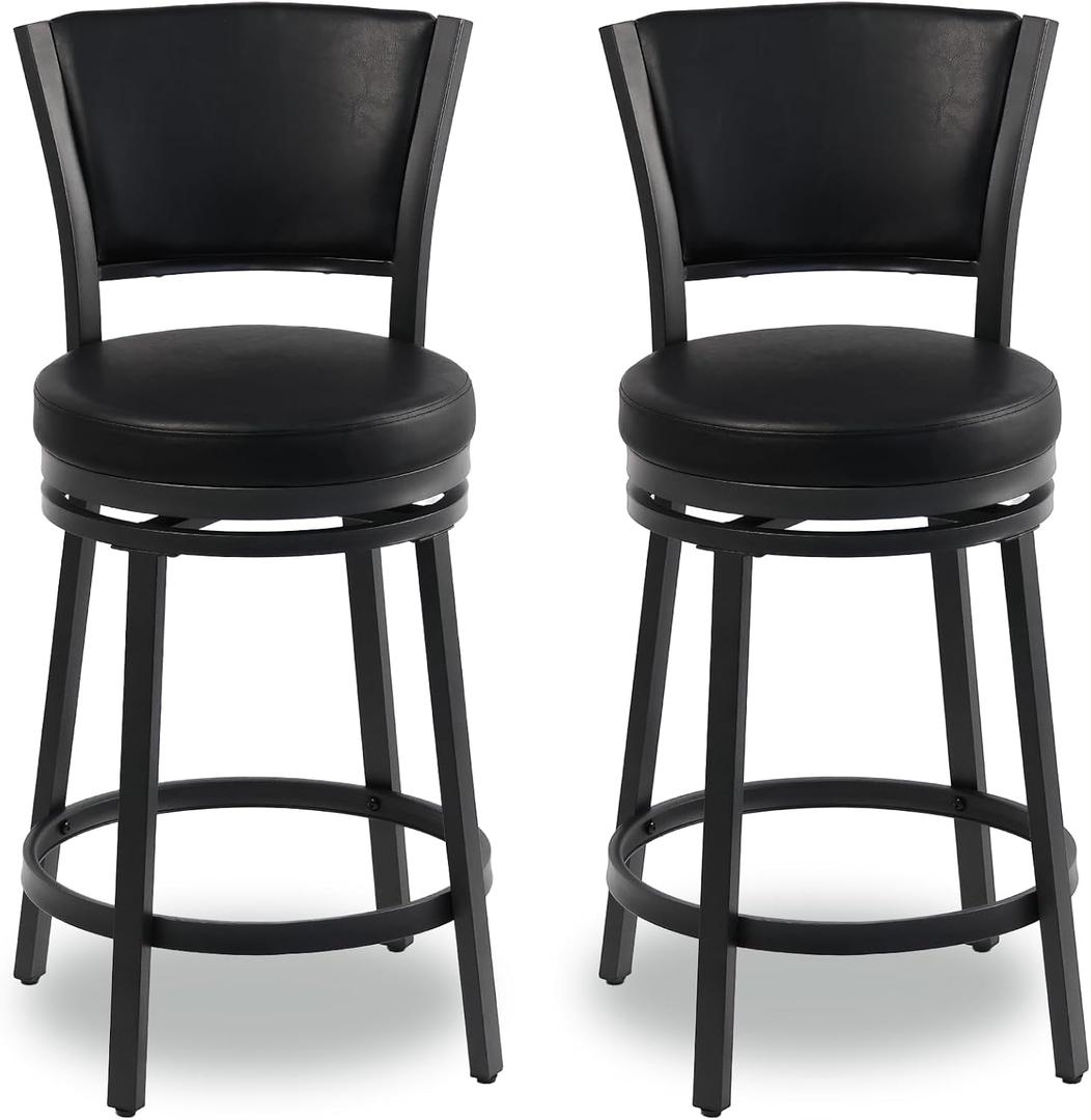 Swivel Bar Stools Set of 2, 25 inch Counter Height Barstools, Modern Metal Swivel Bar Chairs with Backrest, Faux Leather Upholstered Counter Height Chairs for Kitchen Island, Black