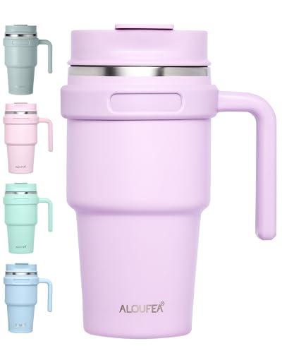ALOUFEA 20 oz Insulated Coffee Mug Tumbler with Handle, Stainless Steel Travel Mug Tumbler with Lid and Straw,Double Wall Vacuum Leak Proof Ice Coffee Thermal Cup, Lavender
