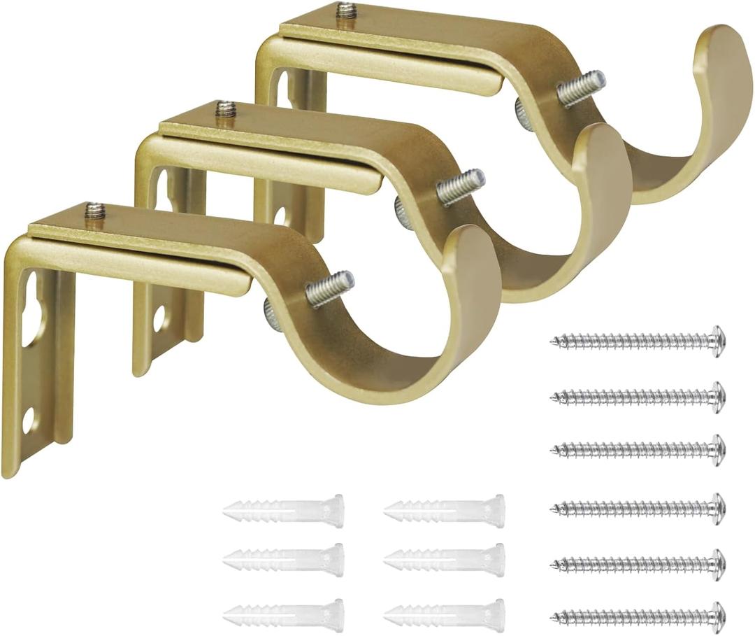 Curtain Rod Bracket Heavy Duty Adjustable Window Hardware Rod Holders Hanger for 1 inch Rods, Set of 3 (Gold-Adjustable)
