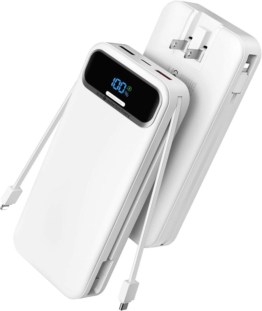Portable Charger Power Bank with Built in Cables and AC Wall Plug,PD20W&SCP22.5W USB-C Super Fast Charging,20000mAh Travel Phone Charging,LED Display Battery Pack Compatible All iPhone Samsung etc (White)