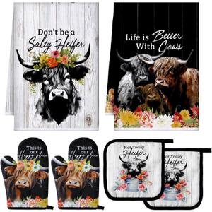Bencailor 6 Pcs Cattle Kitchen Towels Oven Mitts and Pot Holders Set Decorative Dish Towels Tea Washcloth Non Slip Heat Resistant Oven Gloves for Summer Home Cooking Baking, Retro Color (Black, White)