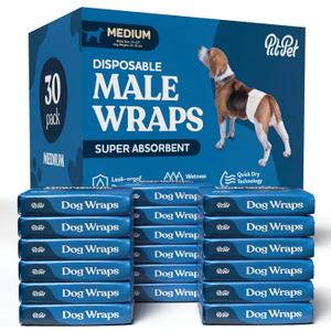 Comfortable Male Dog Diapers - 30-Pack Super Absorbent Disposable Male Dog Wraps- FlashDry Gel Technology, Wetness Indicator Doggie Diapers- Leakproof Belly Wraps for Incontinence, Excitable Urination (Medium)
