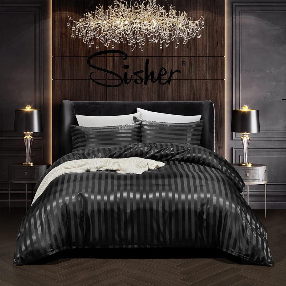 Sisher 5Pcs Comforter Set Queen Size, Black Stripe Silk Bedding Sets for Man Woman, Luxury Bed in a Bag Queen (1 Comforter, 2 Pillowcases, 1 Flat Sheet, 1 Fitted Sheet)