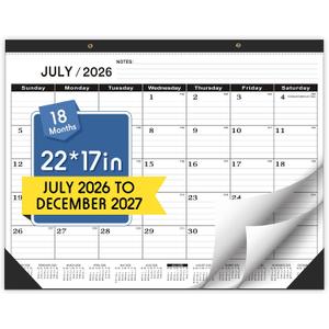Desk Calendar 2026-2027,July 2026 to December 2027,Desk calendar 2026-2027 Large 22x17, Classroom Calendar 2027 with PVC Cover,Round Holes& NOTES List (Black),18 Months Calender 2027, JUL-2025-1PCS