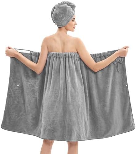 Bath Wrap Towels for Women – Adjustable Spa Shower Wrap with Super Absorbent Microfiber, Quick-Dry Body & Hair Towel Set for Home, Hotel, Beach, Pool, Gym, Travel – Grey