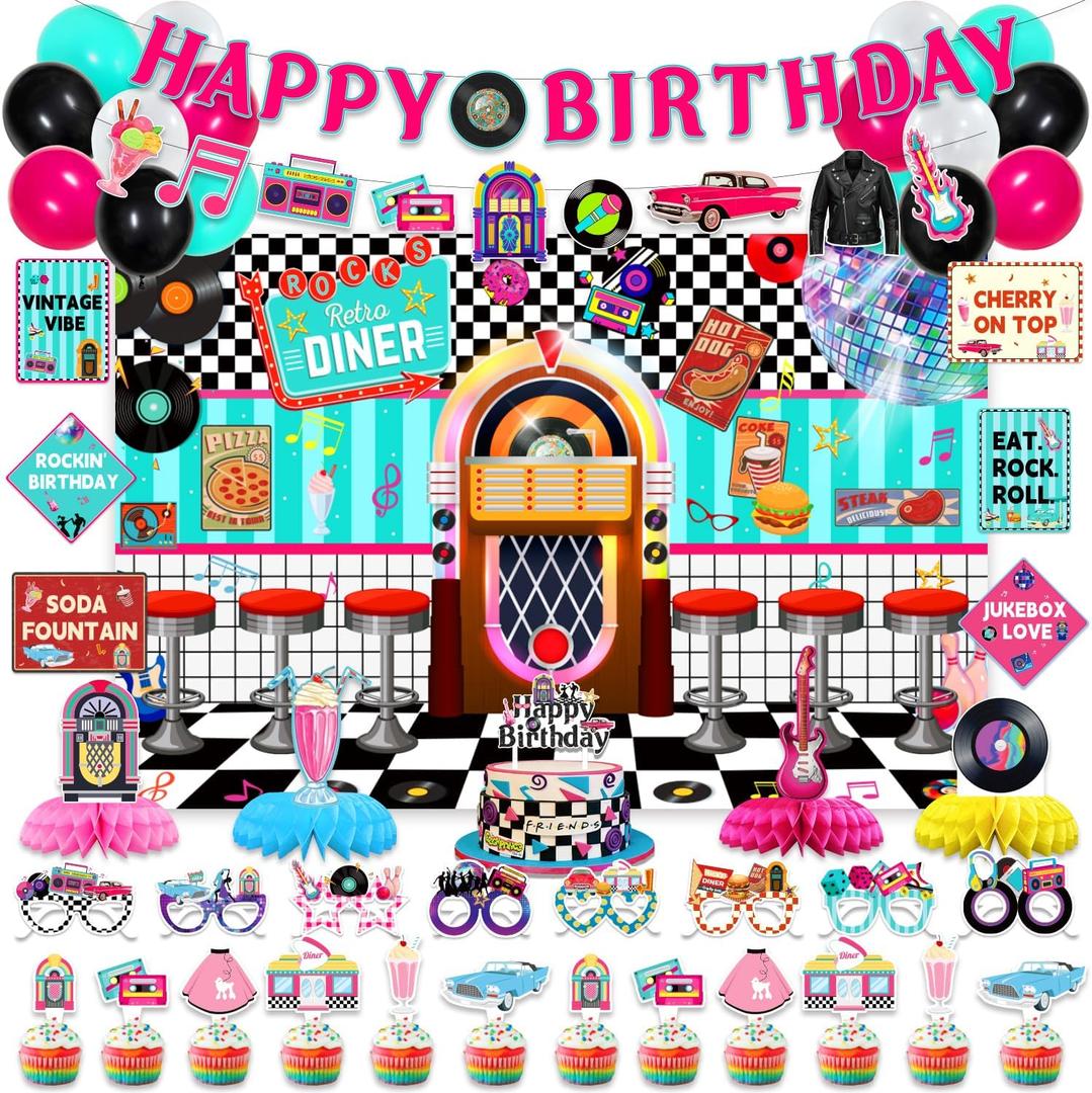 50s Retro Diner Birthday Party Decorations, 1950s Sock Hop Party Decoration Decor Supplies for Retro Rock Birthday - Backdrop, Banner, Balloons, Cake Toppers, Centerpieces, Wall Signs