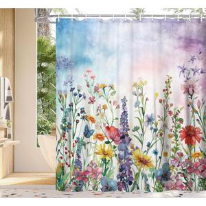 Farmhouse Rustic Boho Floral Shower Curtain, Colorful Watercolor Wildflower Flower Botanical Shower Curtain, Minimalist Aesthetic Floral Shower curtains for bathroom, with Hooks, 70X70IN(Colorful )