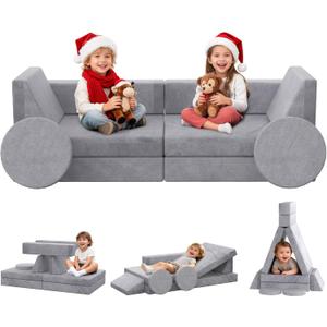 BIERUM Kids Couch, 12PCS Modular Kids Play Couch with Blanket, Kids Sofa for Playroom & Indoor, Convertible Toddler Couch for Girls and Boys (12pcs Pure Gray)