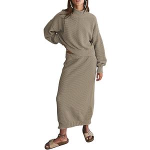 Pink Queen Women's 2 Piece Sweater Set Outfits Long Sleeve Oversized Top Bodycon Maxi Long Skirt Knit Dresses (Medium, Khaki)