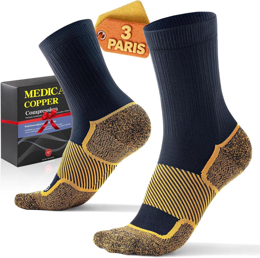 Firm Copper Compression Crew Socks 20-30 mmHg for Women & Men (3 Pairs) - Medical Support for Circulation, Swelling, Odor Control & Foot Fatigue Large