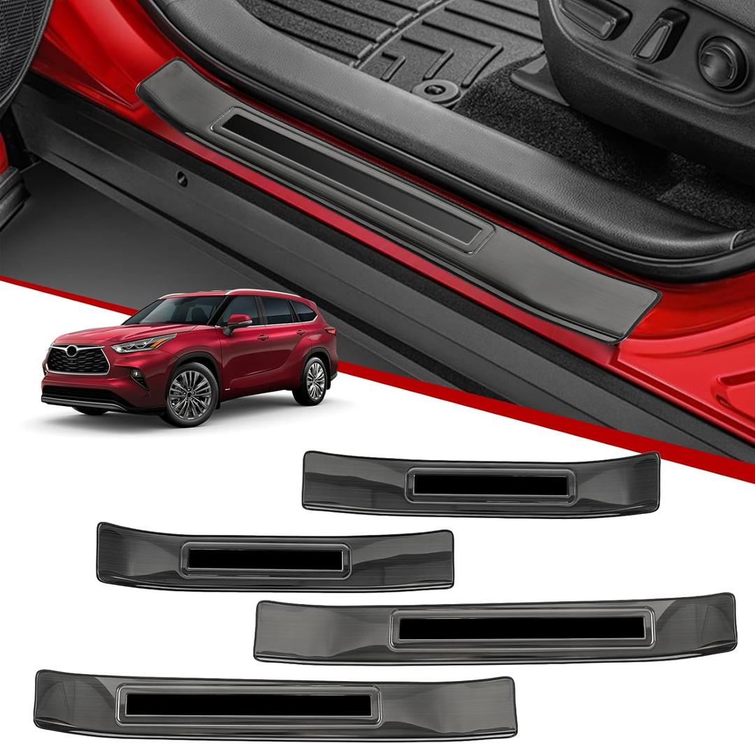 Door Sill Protector Kit for Toyota Highlander 2021 2022 2023 2024 Black Stainless Steel Door Entry Guards for Toyota Highlander Accessories(4 Pcs) (Style2)