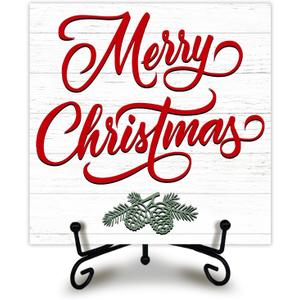 5 Inches Funny Xmas Wooden Sign, Christmas Decorations, White Minimalist Merry Christmas Bless Quote Wood Plaque With Metal Support, Living room, Bedroom,Dining room Decoration - A13