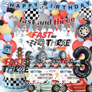 Race Car 3rd Birthday Party Decorations Race Car 3rd Birthday Decorations for boys include Backdrop, Balloons, Banner, Cake & Cupcake Toppers, Tablecloth