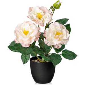 Hollyone Artificial Plants & Flowers with Vase Pink Roses Artificial Flowers Small Potted Plant Faux Silk Flower with Black Pot Fake Rose Flower Arrangement Office Shelf Desk Home Decor 11 Inch (Rose 2-pink 11inch)