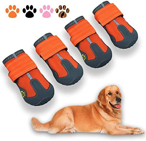 XSY&G Dog Boots, Waterproof Dog Shoes, Dog Booties with Reflective Strips Rugged Anti-Slip Sole and Skid-Proof, Outdoor Dog Shoes for Small Medium Large Dogs 4Pcs Orange-Size 1