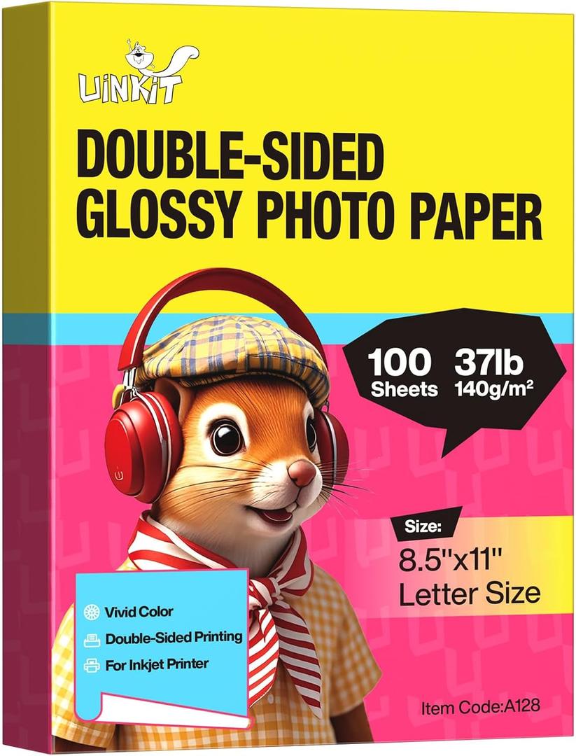 Uinkit Photo Paper Glossy Double Sided 8.5x11 Inkjet 37lb 140gsm Dye ink Thin Photo Picture Flyer Calendar Magazine CD Cover letter (100, 8.5 x 11 x Glossy)