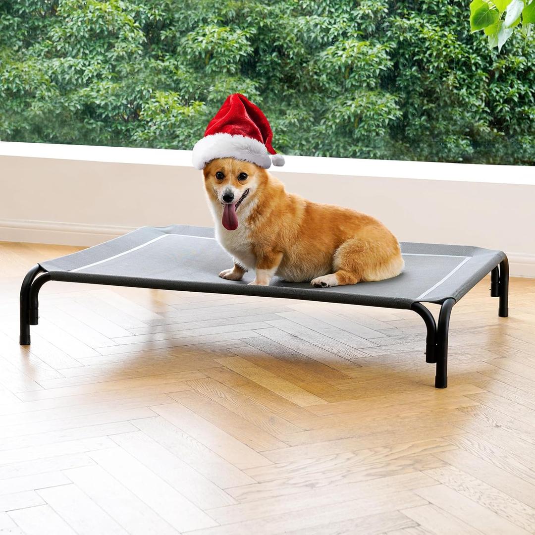 Elevated Dog Bed Raised Outdoor Dog Cot for Medium Dogs, Installation Requires No Tools, Frame with Washable Cooling Breathable Mesh Anti-Slip Feet, Indoor Pet Bed, Grey, 35.4 Inches