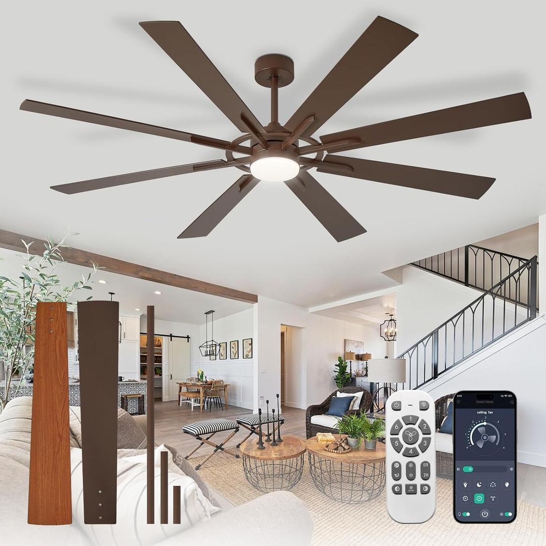 Depuley 72-Inch Ceiling Fan with Light: Modern 8-Blade Brown Indoor Outdoor Fans with Remote App Control Dimmable Light - Ultra Quiet DC Motor Reversible 6 Speed Timer