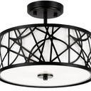 3-Light Semi Flush Mount Ceiling Light, 12.6" Drum Light with White Fabric Shade, Modern Close to Ceiling Lamp for Living Room Bedroom Dining Kitchen Hallway Entry Foyer (Matt Black)