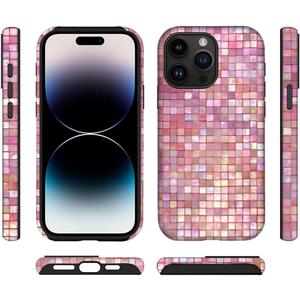 for iPhone 14 Pro Case Hybrid 2 Layer Hard Shell Silicone Protective Pattern Design Cover - Pink Mosaic Tiles