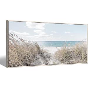 Beach Canvas Framed Wall Art: Large Coastal Seascape Picture Decor Ocean Scene Sea Print Painting Modern Seaside Seashore Grass Artwork for Bedroom Living Room Office (57"L x 27"W)
