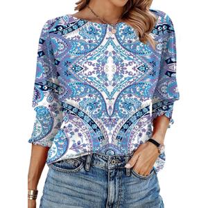 IECCP 3/4 Length Sleeve Womens Tops Summer 2026 Fashion Trendy Boat Crew Neck Smocked Work Dressy Casual T Shirt Blouses (X-Large, Boho Blue)
