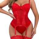 Sexy Lingerie Set for Women,Lace Lingerie Body suit Garter Belt and Thigh Highs Set Teddy Wireless (Red, L)